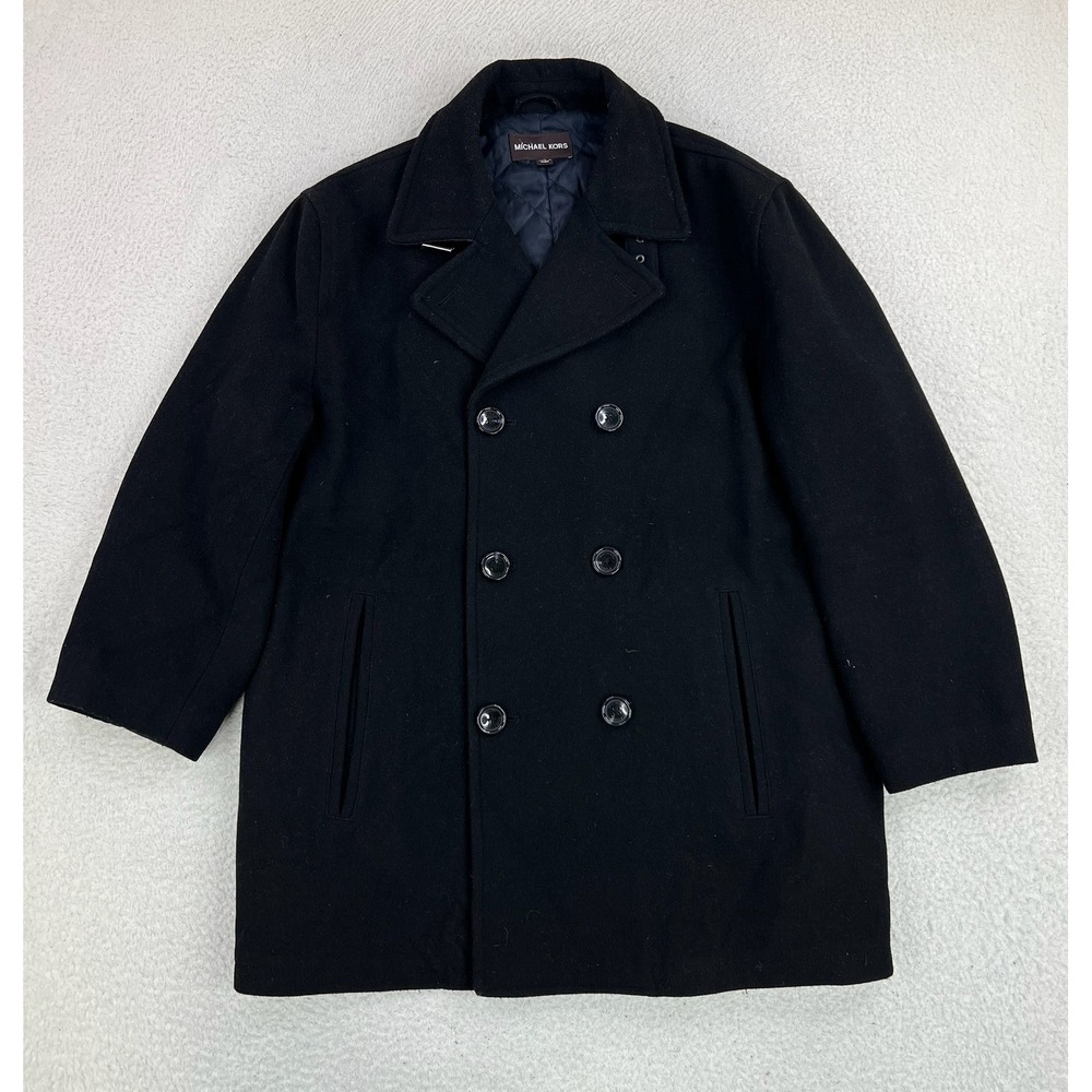 Michael Kors Coat Mens Large Black Wool Pea Coat Quilted Lined Button Classic
